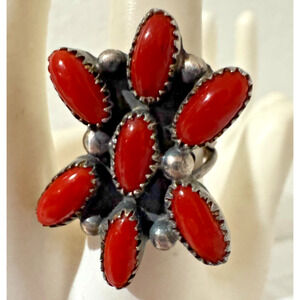 Vintage Navajo Red Coral Cluster Ring Sterling Silver Size 6 Native American